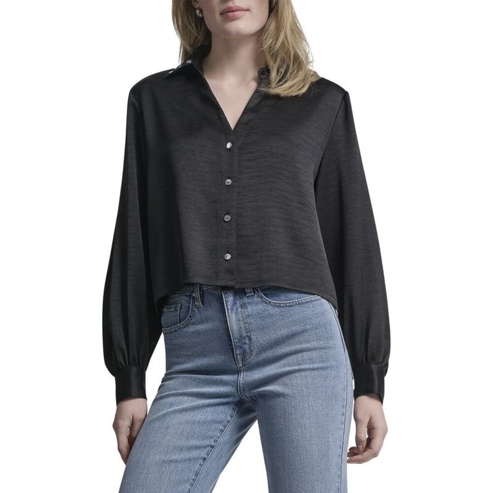 Dkny Womens Stud Collar Y-Neck Shirt, Black